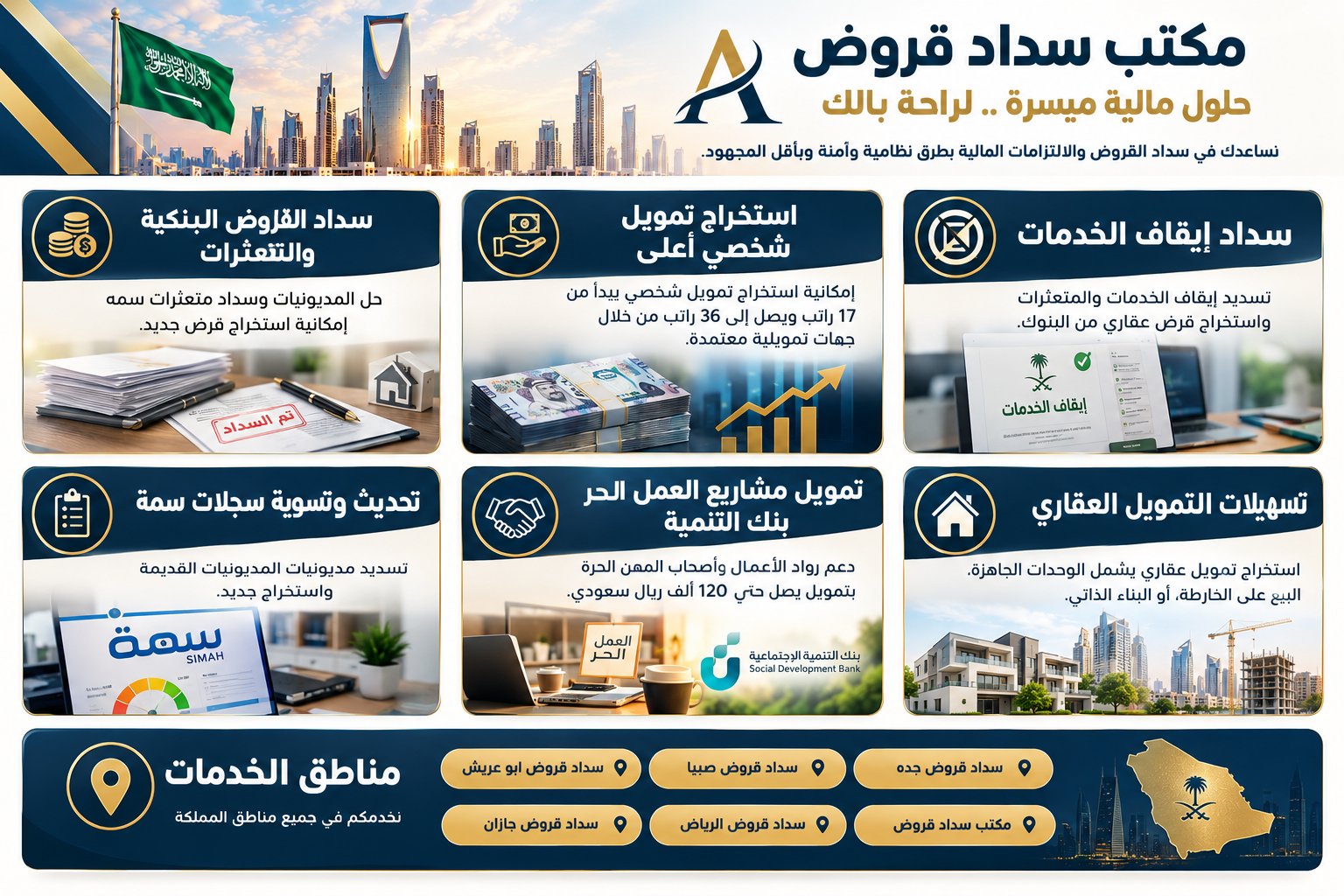 خدمات سداد قروض ومتعثرات وايقاف الخدمات وتمويل شخصي حتى 36 راتب وتمويل العمل الحر خدمات سداد قروض ومتعثرات وايقاف الخدمات وتمويل شخصي حتى 36 راتب وتمويل العمل الحر